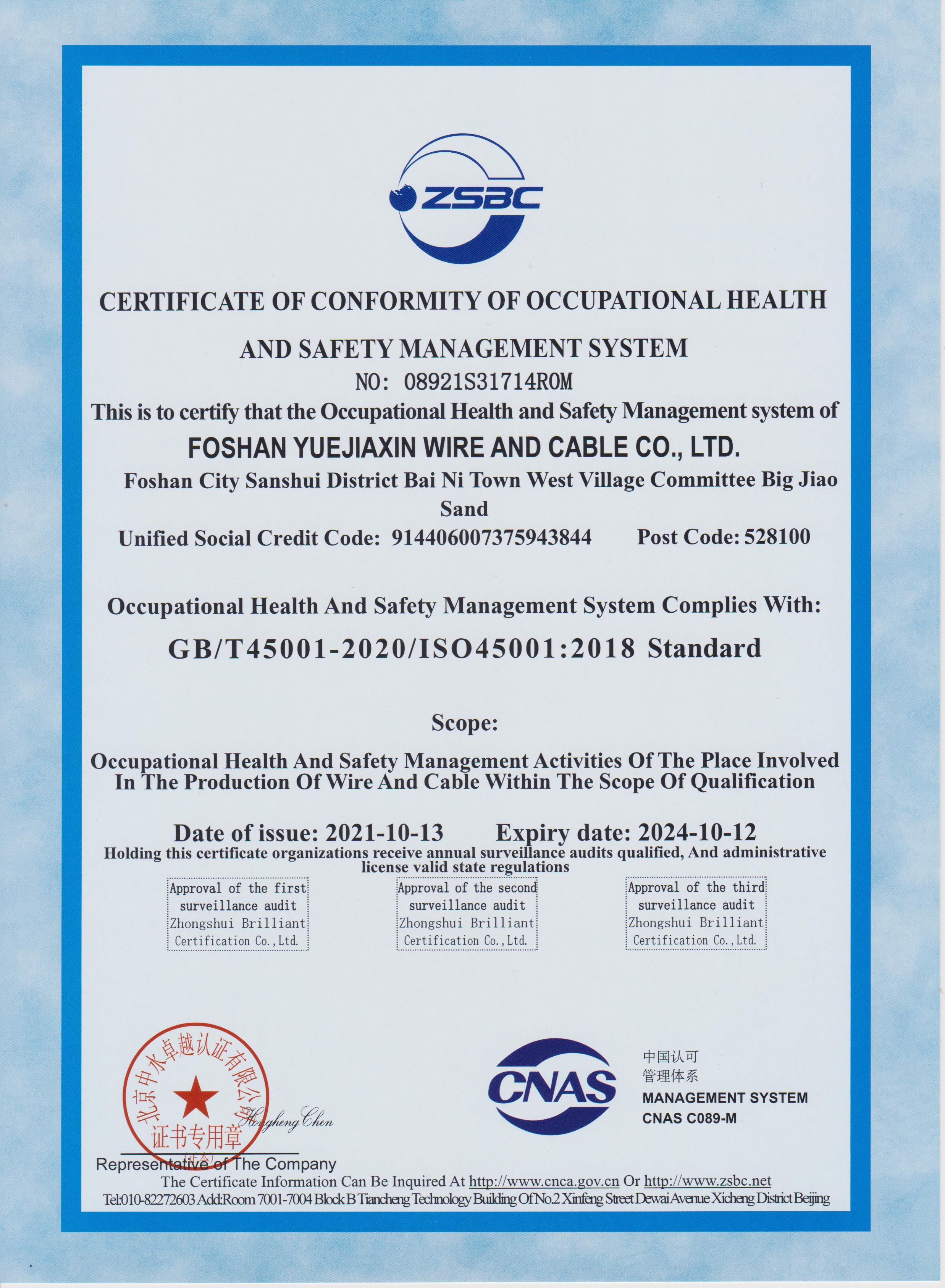 職業健康安全管理體系認證證書（英文）