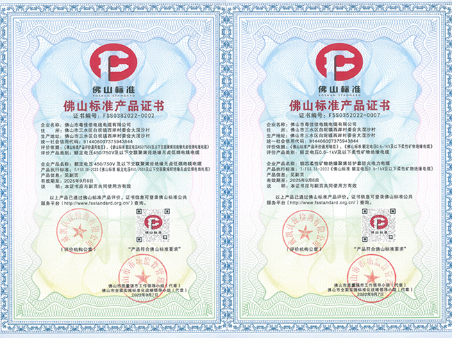 佛山標準產品證書